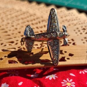 Silver Airplane Brooch with Rhinestones